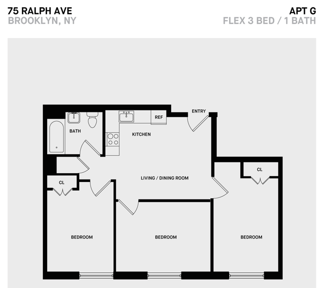 Floor plan for 3 beds, 1 bath, 711 sqft